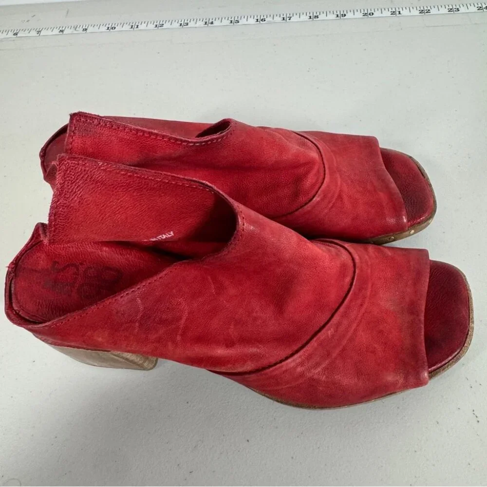 AS98 Red Leather Peep Toe Mules Size 38 Block Heel Boho Hippie Lagenlook - Picture 15 of 16